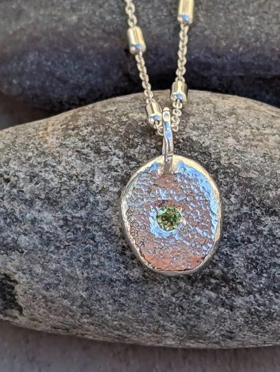 Molten Pebble Pendant with Flush set gemstone-Recycled Sterling Silver