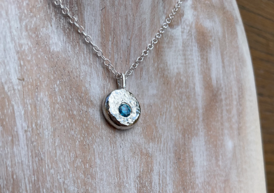 Molten Pebble Pendant with Flush set gemstone-Recycled Sterling Silver