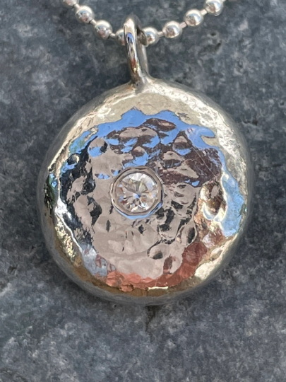 Molten Pebble Pendant with Flush set gemstone-Recycled Sterling Silver