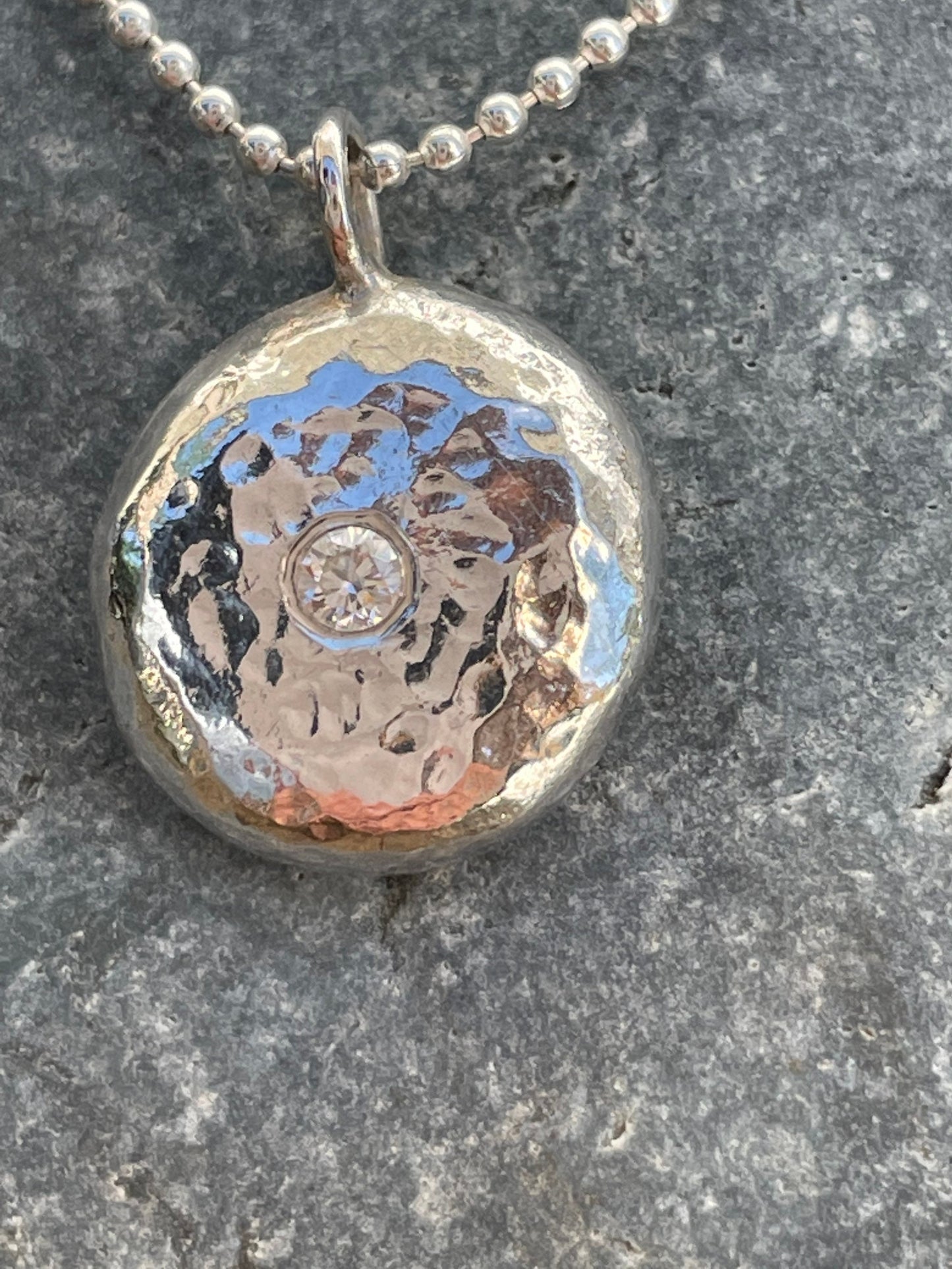 Molten Pebble Pendant with Flush set gemstone-Recycled Sterling Silver