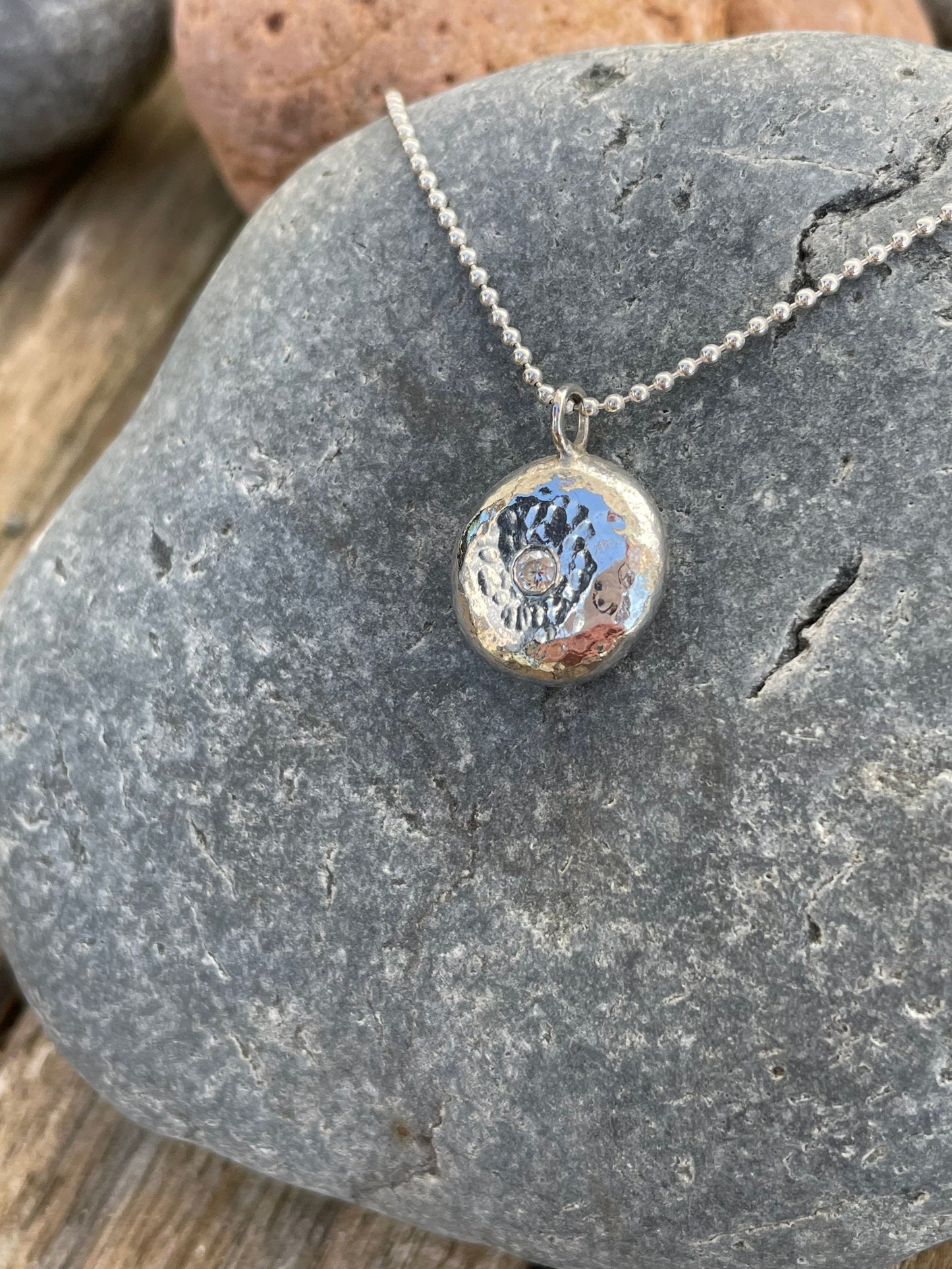 Molten Pebble Pendant with Flush set gemstone-Recycled Sterling Silver