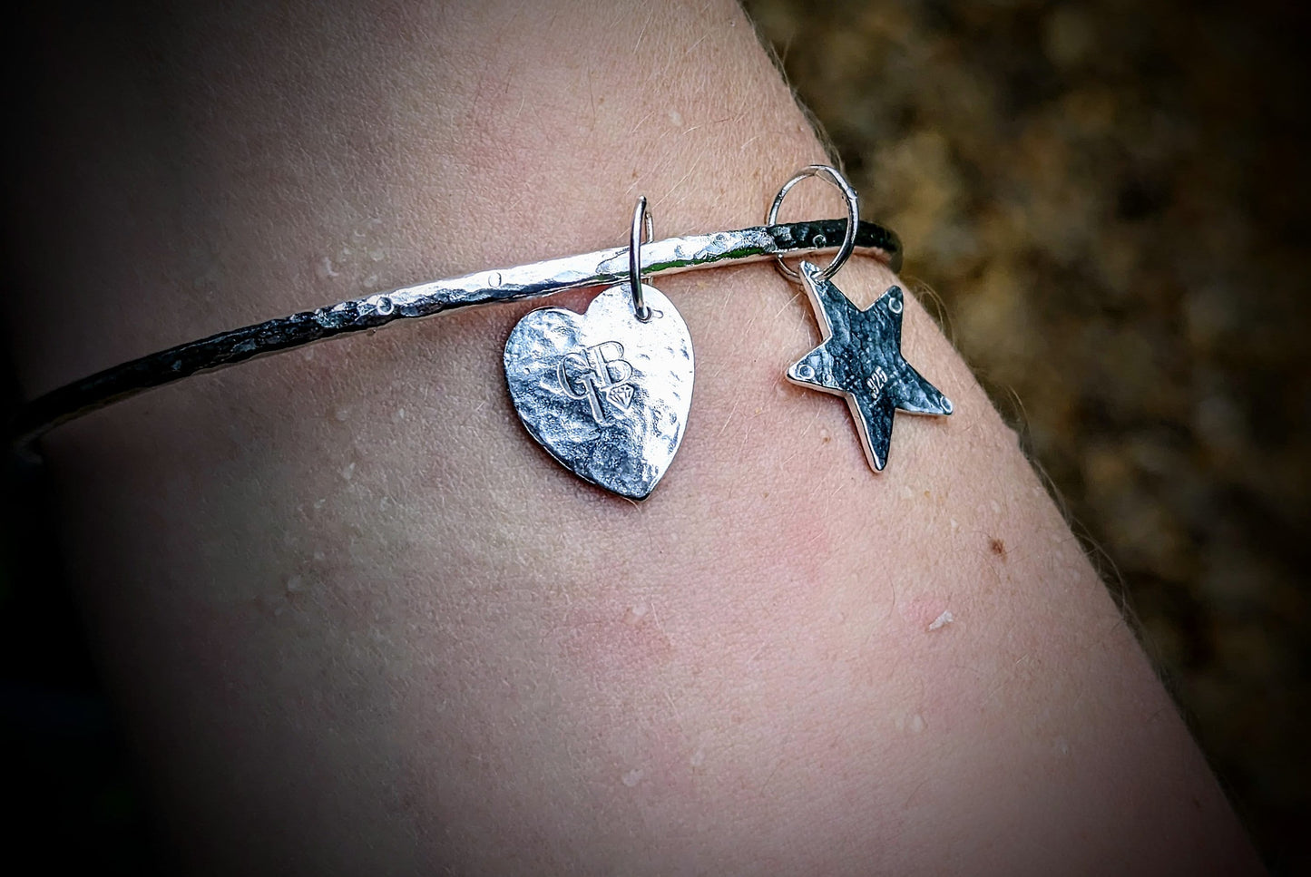 Handmade Hammered Silver Bangle with Personalised charms