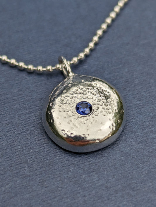 Molten Pebble Pendant with Flush set gemstone-Recycled Sterling Silver