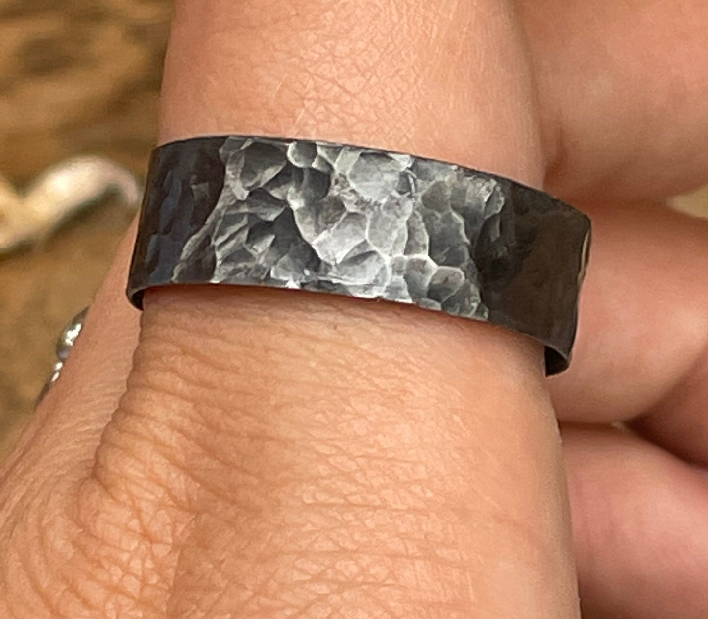 Sterling Silver .925 Men’s Ring-Oxidised solid black-Handmade-Hammered Finish- Alternative Wedding Ring
