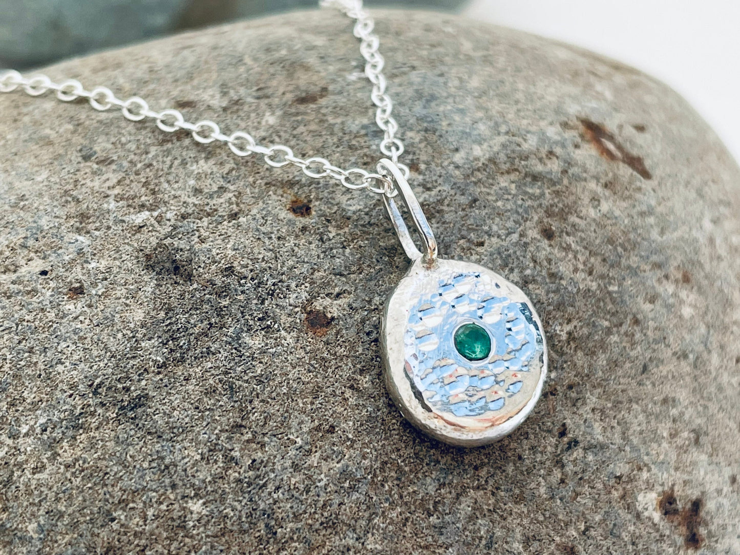 Molten Pebble Pendant with Flush set gemstone-Recycled Sterling Silver