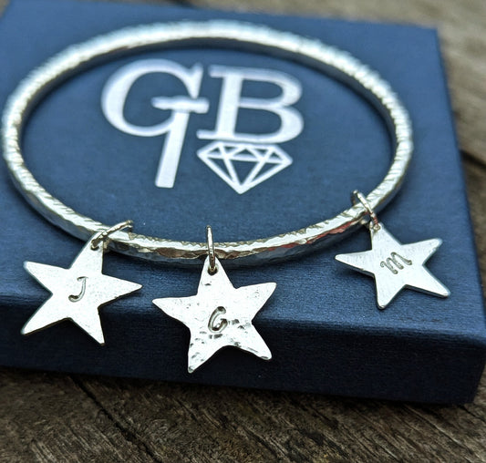 Handmade Hammered Silver Bangle with Personalised charms